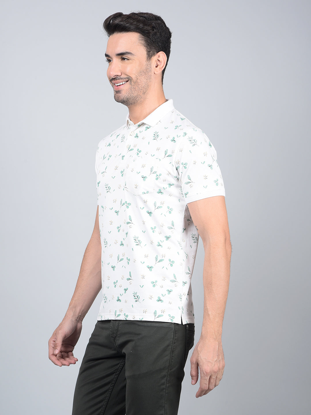 White Floral Print Polo Neck T-Shirt-Men T-Shirts-Crimsoune Club