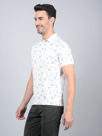 White Floral Print Polo Neck T-Shirt-Men T-Shirts-Crimsoune Club
