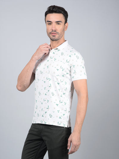 White Floral Print Polo Neck T-Shirt-Men T-Shirts-Crimsoune Club