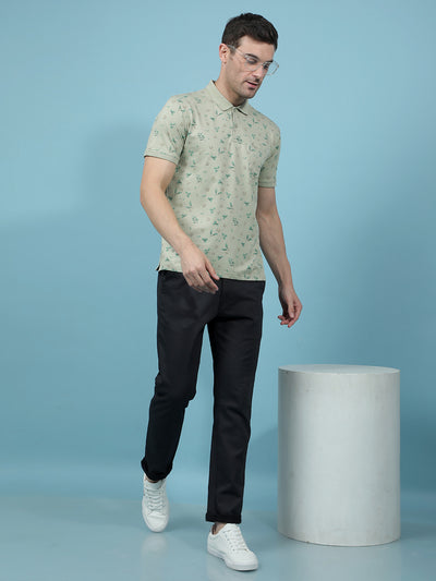 Green Floral Print Polo-Neck T-Shirt-Men T-Shirts-Crimsoune Club