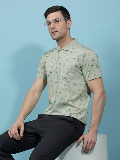 Green Floral Print Polo-Neck T-Shirt-Men T-Shirts-Crimsoune Club