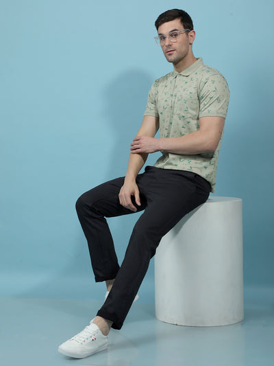 Green Floral Print Polo-Neck T-Shirt-Men T-Shirts-Crimsoune Club