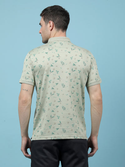 Green Floral Print Polo-Neck T-Shirt-Men T-Shirts-Crimsoune Club