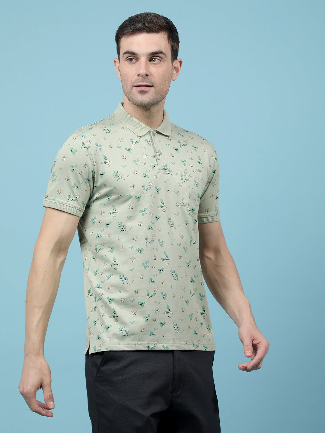 Green Floral Print Polo-Neck T-Shirt-Men T-Shirts-Crimsoune Club
