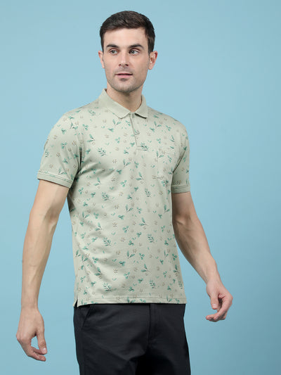 Green Floral Print Polo-Neck T-Shirt-Men T-Shirts-Crimsoune Club