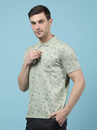 Green Floral Print Polo-Neck T-Shirt-Men T-Shirts-Crimsoune Club