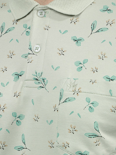 Green Floral Print Polo-Neck T-Shirt-Men T-Shirts-Crimsoune Club