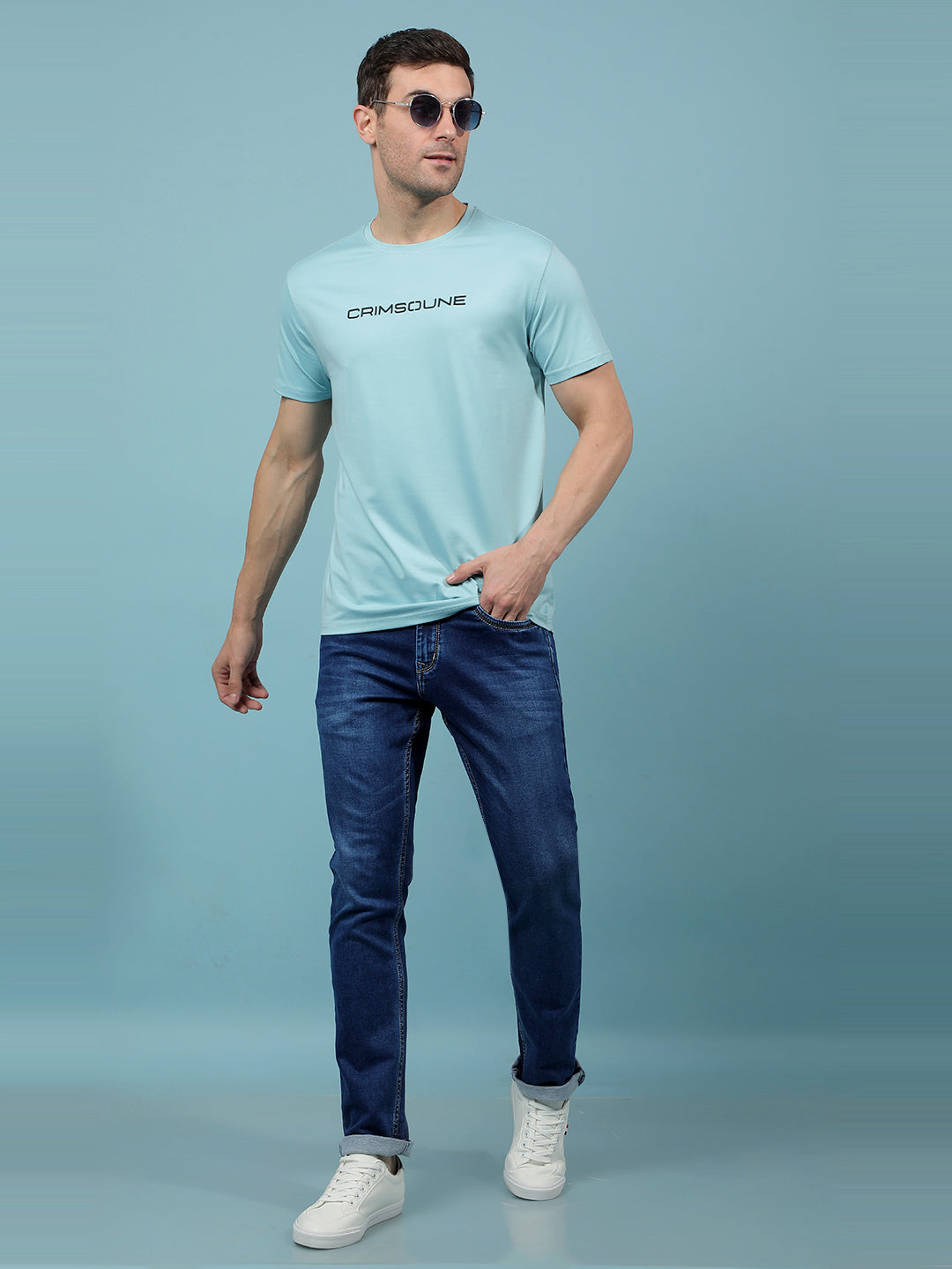 Blue Typographic Print T-Shirt-Men T-Shirts-Crimsoune Club