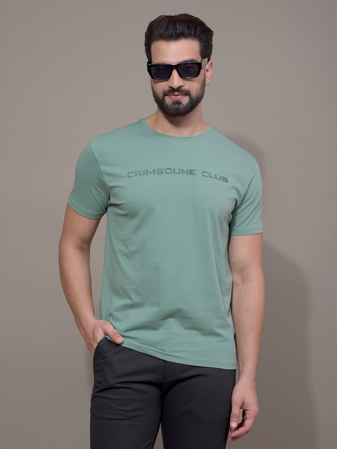 Green Typographic Print T-Shirt-Men T-Shirts-Crimsoune Club