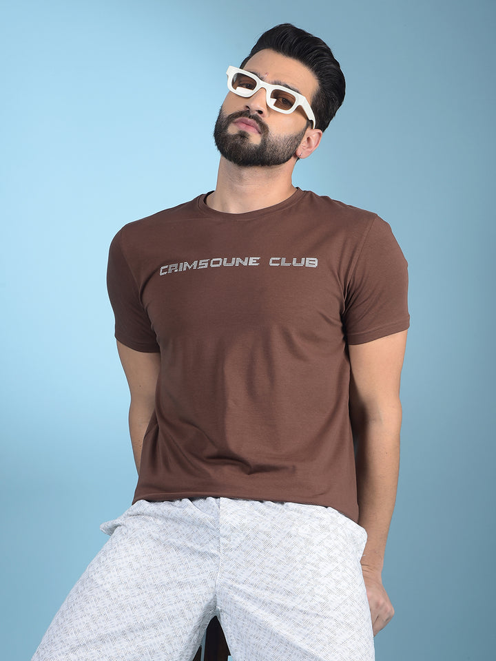 Brown Typographic Print T-Shirt-Men T-Shirts-Crimsoune Club