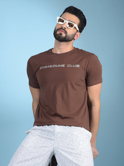 Brown Typographic Print T-Shirt-Men T-Shirts-Crimsoune Club