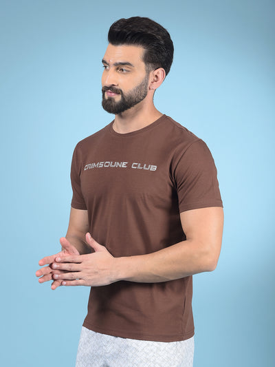 Brown Typographic Print T-Shirt-Men T-Shirts-Crimsoune Club