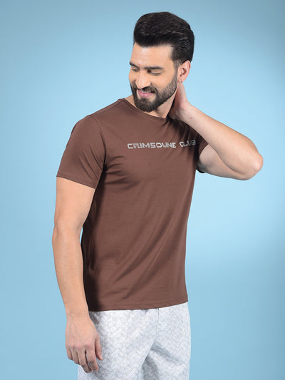 Brown Typographic Print T-Shirt-Men T-Shirts-Crimsoune Club