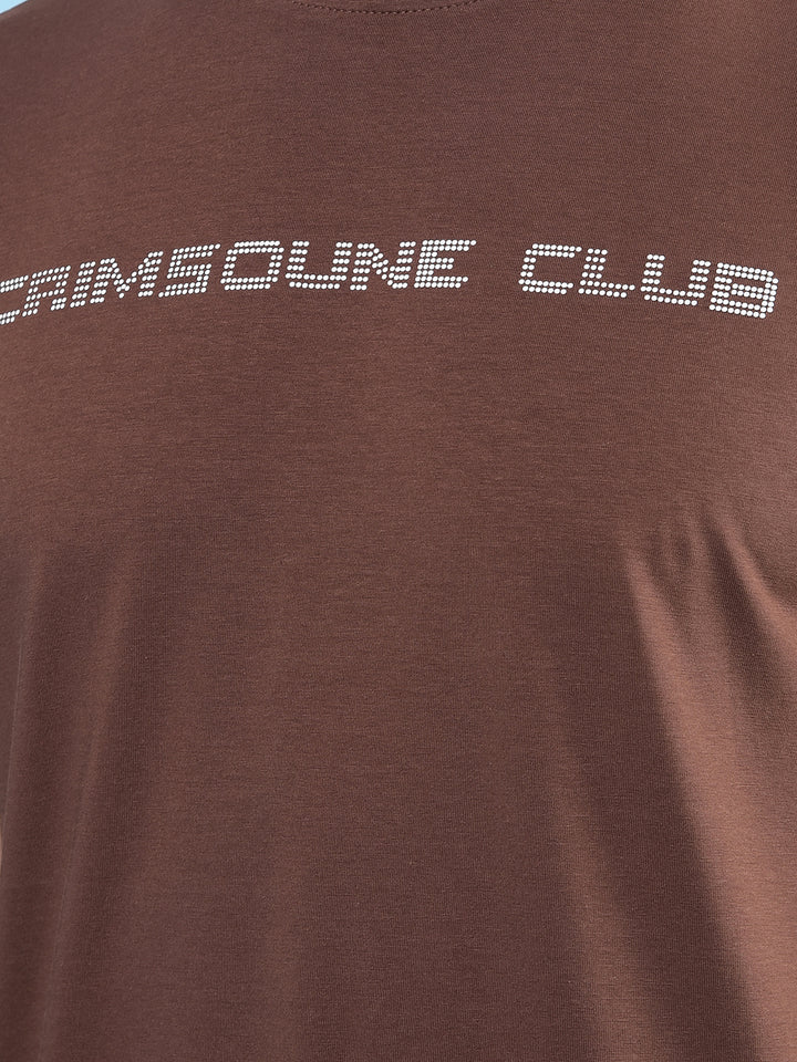 Brown Typographic Print T-Shirt-Men T-Shirts-Crimsoune Club