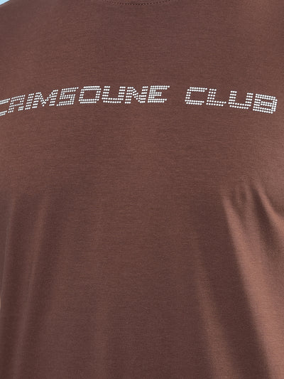 Brown Typographic Print T-Shirt-Men T-Shirts-Crimsoune Club