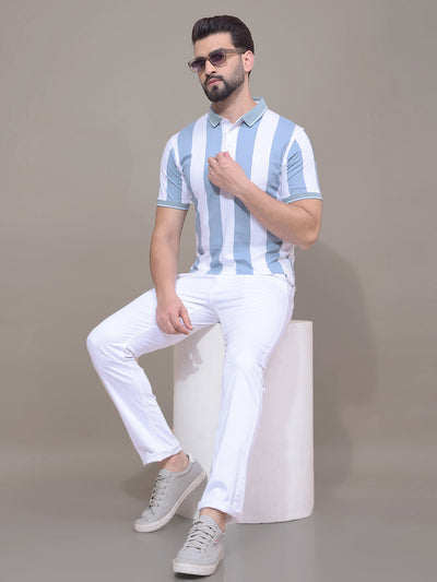 Blue Vertical Stripes 100% Cotton Polo Neck T-Shirt-Men T-Shirts-Crimsoune Club