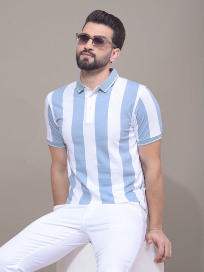 Blue Vertical Stripes 100% Cotton Polo Neck T-Shirt-Men T-Shirts-Crimsoune Club