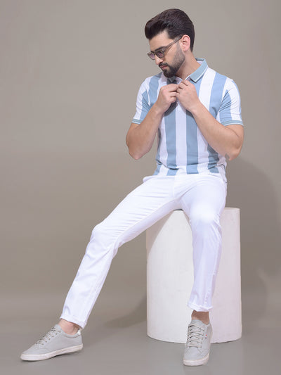 Blue Vertical Stripes 100% Cotton Polo Neck T-Shirt-Men T-Shirts-Crimsoune Club