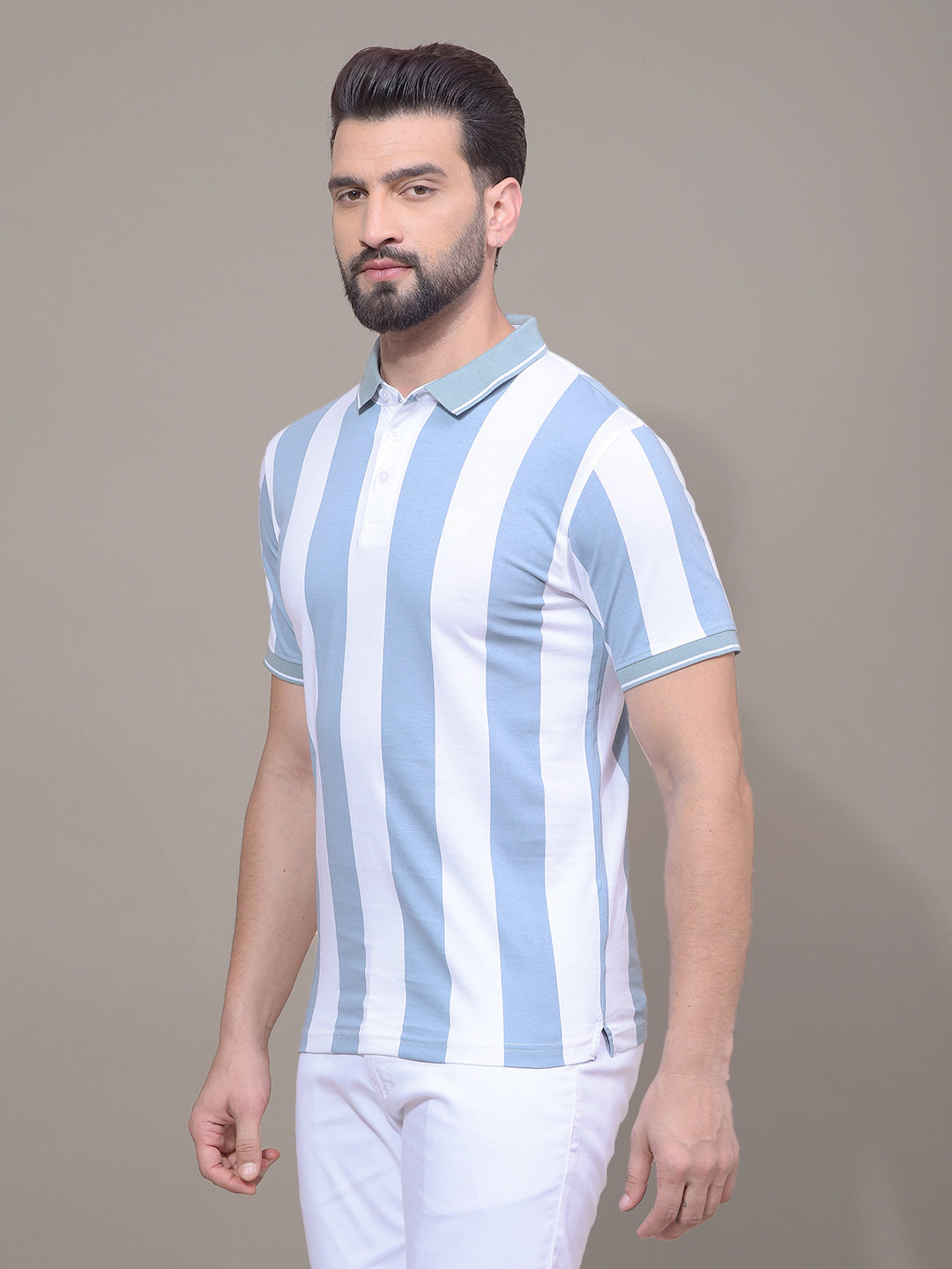 Blue Vertical Stripes 100% Cotton Polo Neck T-Shirt-Men T-Shirts-Crimsoune Club