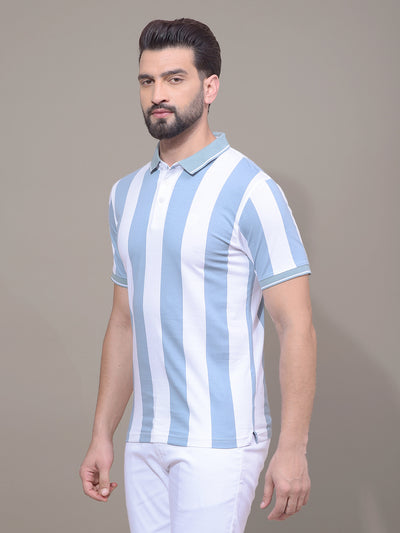 Blue Vertical Stripes 100% Cotton Polo Neck T-Shirt-Men T-Shirts-Crimsoune Club