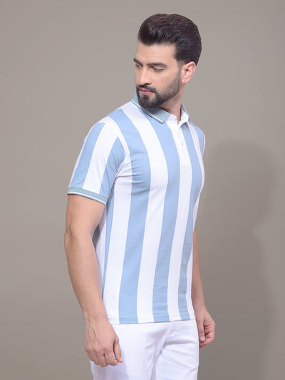 Blue Vertical Stripes 100% Cotton Polo Neck T-Shirt-Men T-Shirts-Crimsoune Club