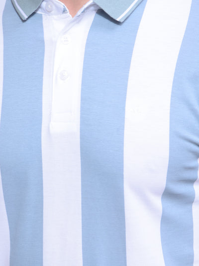 Blue Vertical Stripes 100% Cotton Polo Neck T-Shirt-Men T-Shirts-Crimsoune Club