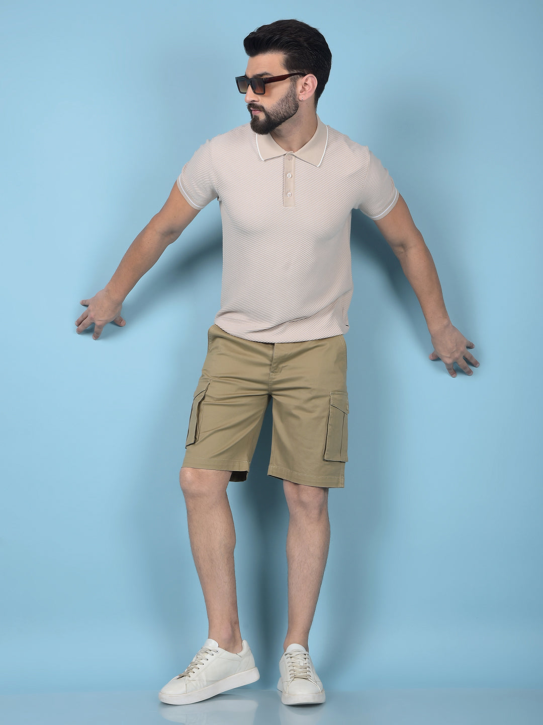 Beige Jacquard Polo-Neck T-Shirt-Men T-Shirts-Crimsoune Club