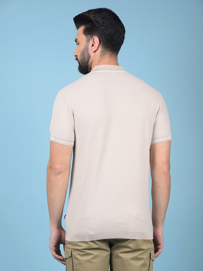 Beige Jacquard Polo-Neck T-Shirt-Men T-Shirts-Crimsoune Club