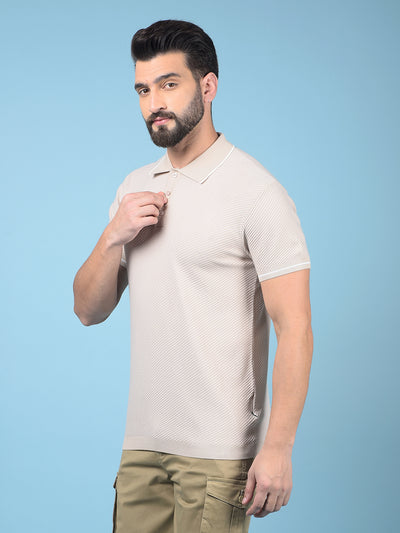 Beige Jacquard Polo-Neck T-Shirt-Men T-Shirts-Crimsoune Club