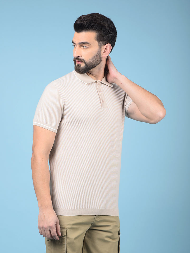 Beige Jacquard Polo-Neck T-Shirt-Men T-Shirts-Crimsoune Club