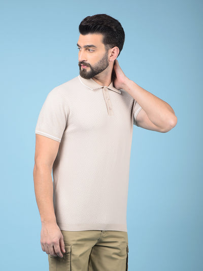 Beige Jacquard Polo-Neck T-Shirt-Men T-Shirts-Crimsoune Club