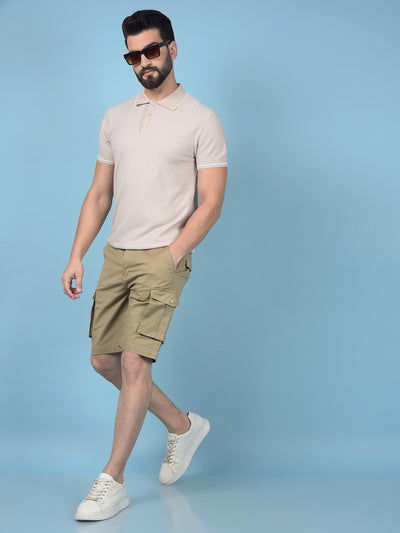 Beige Jacquard Polo-Neck T-Shirt-Men T-Shirts-Crimsoune Club