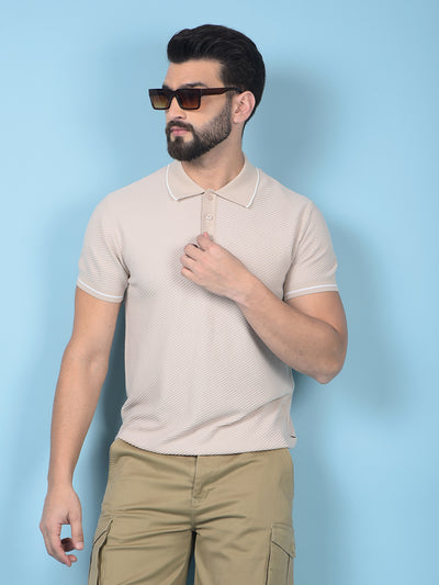 Beige Jacquard Polo-Neck T-Shirt-Men T-Shirts-Crimsoune Club