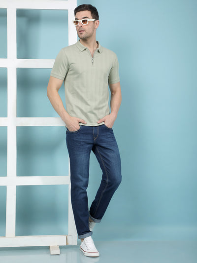 Green Vertical Stripes Polo-Neck T-Shirt-Men T-Shirts-Crimsoune Club