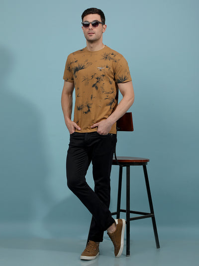Brown Floral Print T-Shirt-Men T-Shirts-Crimsoune Club