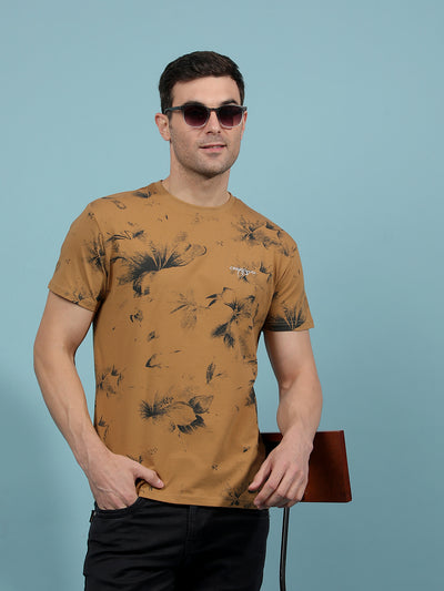 Brown Floral Print T-Shirt-Men T-Shirts-Crimsoune Club