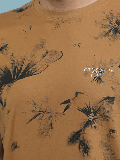 Brown Floral Print T-Shirt-Men T-Shirts-Crimsoune Club