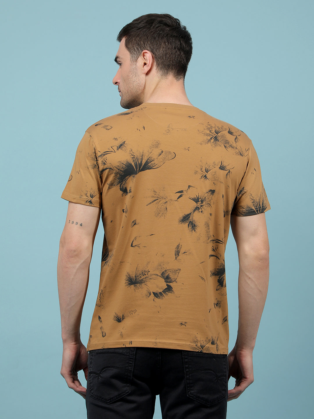 Brown Floral Print T-Shirt-Men T-Shirts-Crimsoune Club