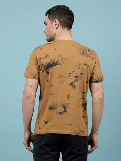 Brown Floral Print T-Shirt-Men T-Shirts-Crimsoune Club