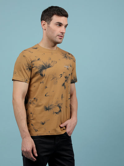 Brown Floral Print T-Shirt-Men T-Shirts-Crimsoune Club