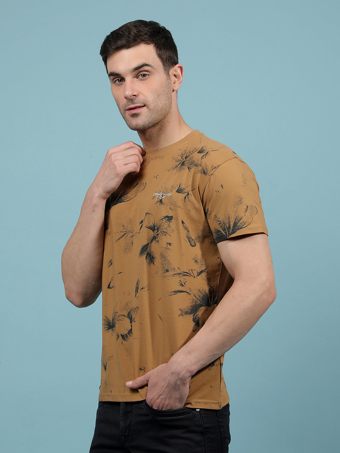 Brown Floral Print T-Shirt-Men T-Shirts-Crimsoune Club