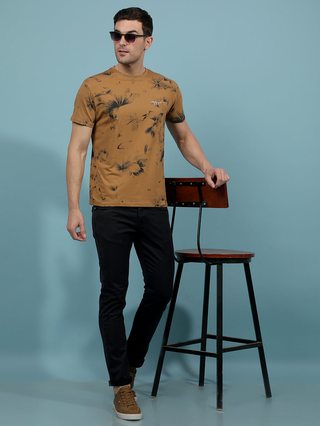 Brown Floral Print T-Shirt-Men T-Shirts-Crimsoune Club