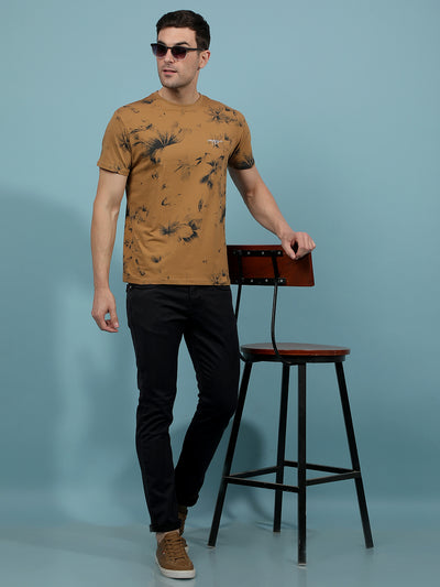Brown Floral Print T-Shirt-Men T-Shirts-Crimsoune Club