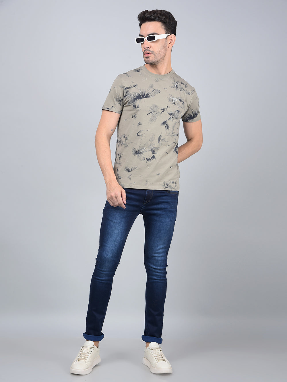 Olive Floral Print Cotton T-Shirt-Men T-Shirts-Crimsoune Club