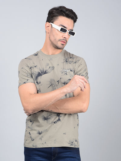 Olive Floral Print Cotton T-Shirt-Men T-Shirts-Crimsoune Club
