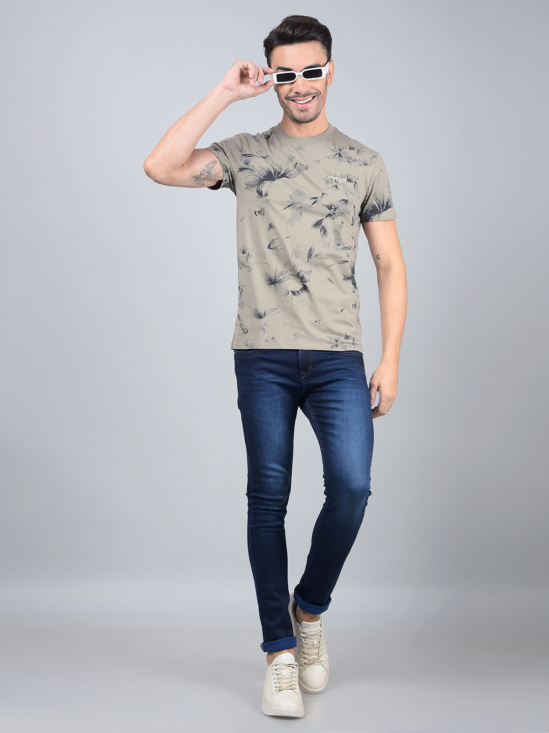 Olive Floral Print Cotton T-Shirt-Men T-Shirts-Crimsoune Club