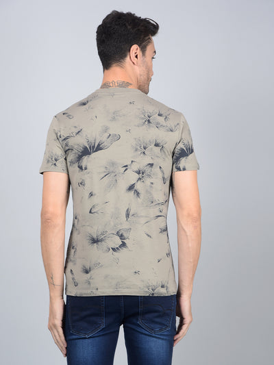 Olive Floral Print Cotton T-Shirt-Men T-Shirts-Crimsoune Club