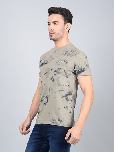 Olive Floral Print Cotton T-Shirt-Men T-Shirts-Crimsoune Club