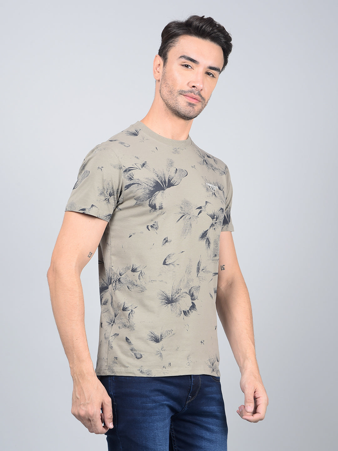 Olive Floral Print Cotton T-Shirt-Men T-Shirts-Crimsoune Club