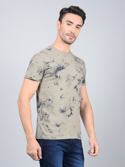 Olive Floral Print Cotton T-Shirt-Men T-Shirts-Crimsoune Club